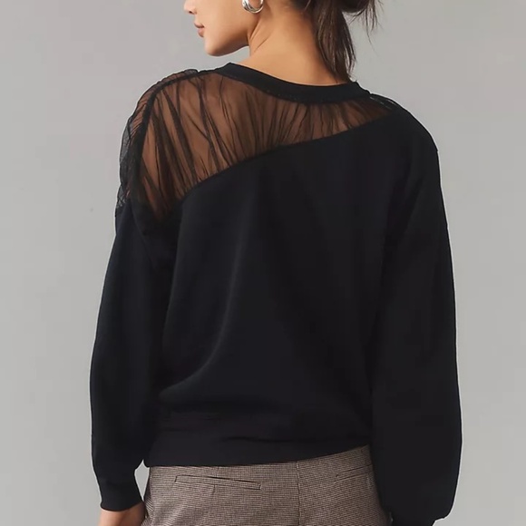 Anthropologie Maeve Sheer-Shoulder Sweatshirt Top Black Size SP - Picture 2 of 13